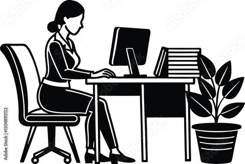 Office girl working on her desk with PC or laptop silhouette