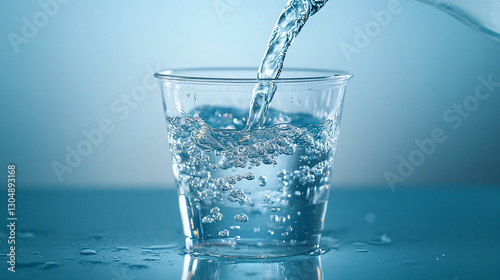 A plastic cup being filled with water from a pitcher