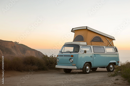 Van home parked in a mountainous landscape.