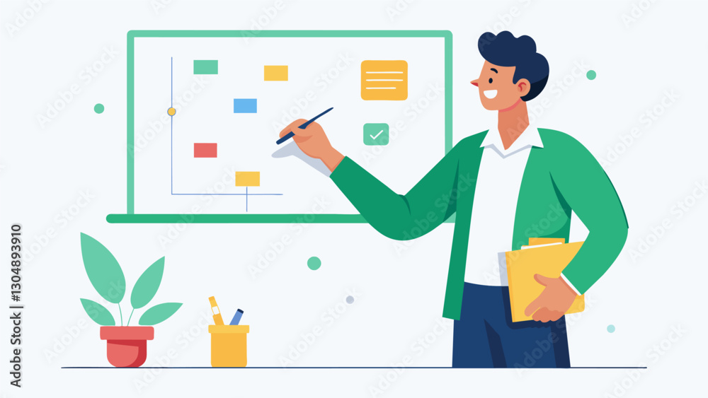 With a swipe of the interactive pen the teacher switched to a new activity on the whiteboard keeping the energy high and the students attentive.. Vector illustration