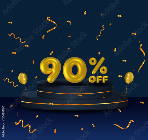 90 off. sale banner. Golden 3d number. Signage promotion. Vector illustration