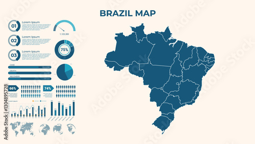 Infographic Map of Brazil. Vector Map of a global map in the form of regions of Brazil. Vector Illustration
