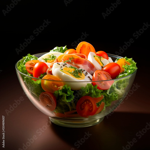 isolated glass bowl with fresh vegetable salad with tomatoes, eggs, lettuce