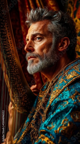 A portrait showing King David playing the harp, dressed in blue gold