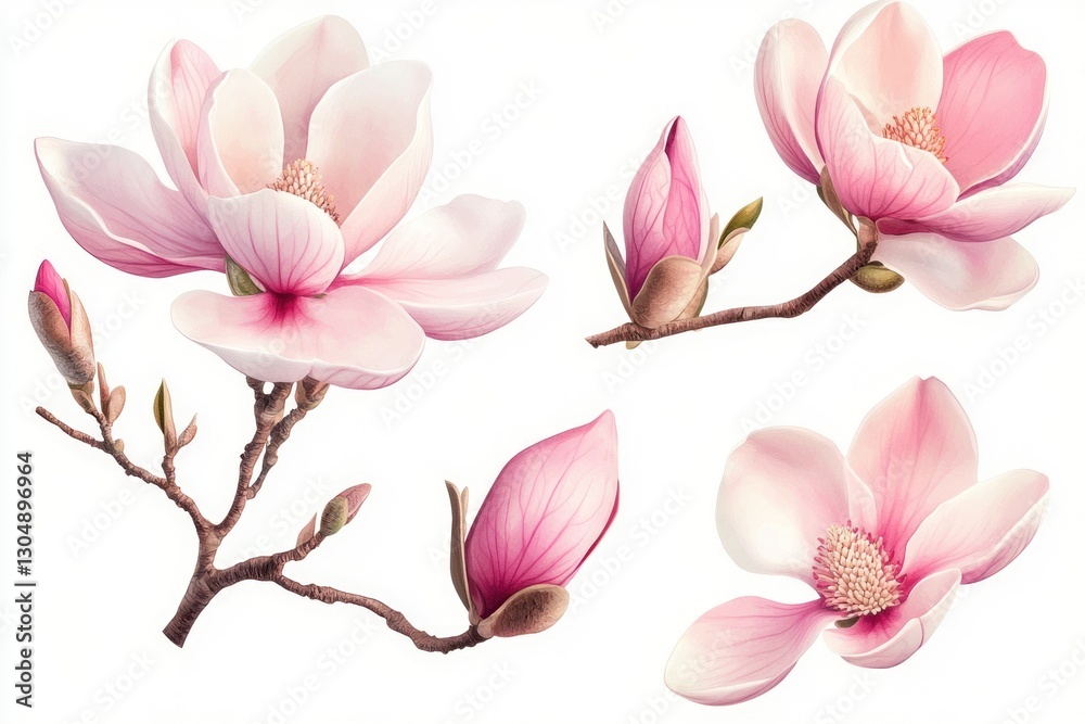 Fototapeta premium Pink magnolia blossoms and buds on branches, isolated on white.