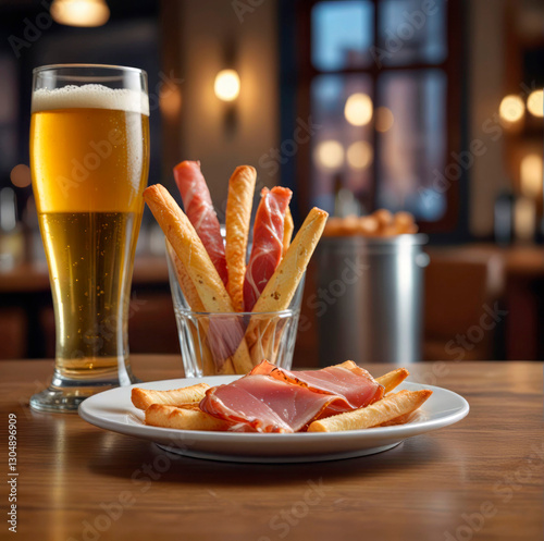 grissinin with prosciutto , glass of beer on the table
