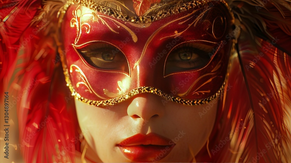 A person wearing a decorated red mask with vibrant feathers