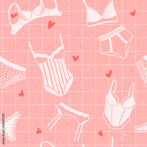 Seamless pattern with female underwear on pink background, hand drawn lingerie