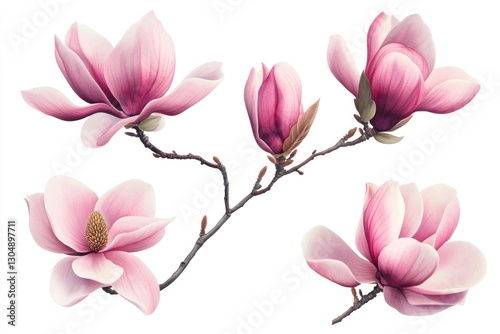 Pink magnolia blossoms on branch, isolated.