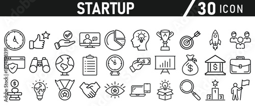 Startup icon set in liner style. Innovation, business plan, investment, launch, funding, investor and entrepreneurship icons. Solid icon collection.