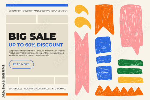 Shopping sale background with pencil drawn shapes. Trendy crayon fun geometric shapes template. Creative business design for services, sale promotion, ads, web banner, presentations.