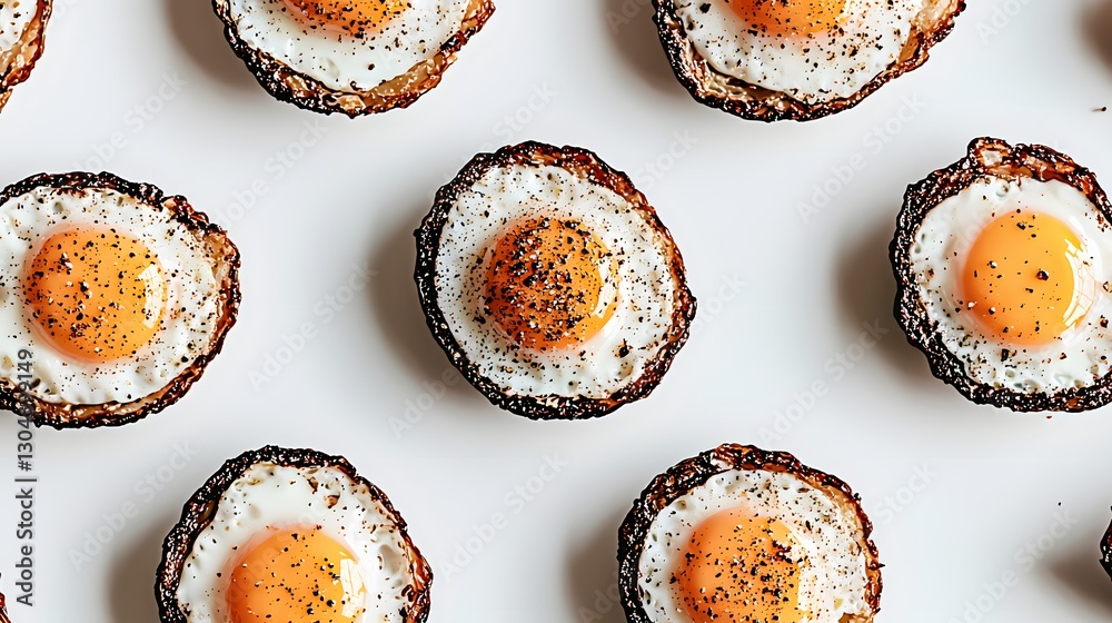 Delicious Fried Eggs with Golden Yolks Arranged Neatly on a White Tabletop Background Delicious Fried Eggs with Golden Yolks Arranged Neatly on a White Tabletop Background