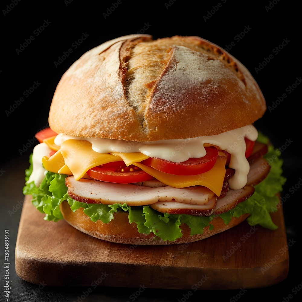 Thick artisan sandwich with sourdough bread, layers of smoked turkey, melted cheese, fresh lettuce, tomatoes, and a creamy sauce, served on a wooden cutting board, top-down shot.