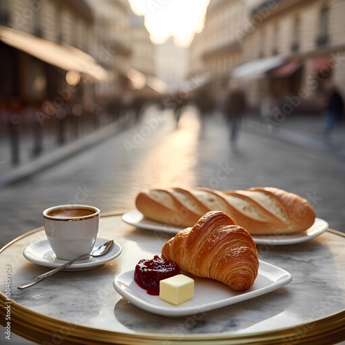 Fototapeta Naklejka Na Ścianę i Meble -  Traditional French breakfast with a flaky golden croissant, a fresh baguette, butter, jam, and a cup of espresso, served on a marble café table with a blurred Parisian street in the background.