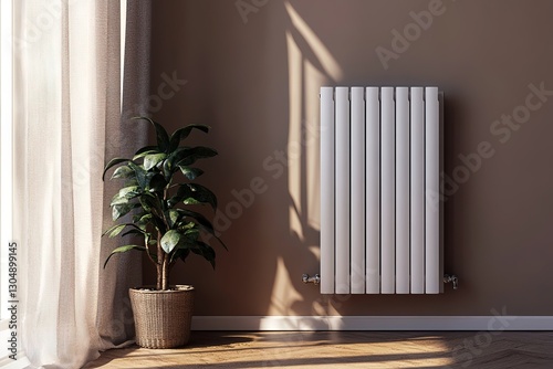 Modern White Radiator in Minimalist Interior Design with Plant and Sunlight