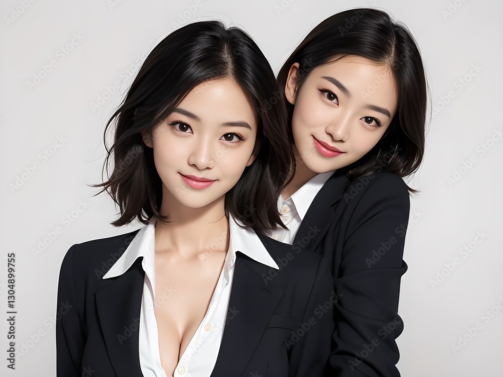 紺のスーツを着た2人のOLが仲良くしている 紺のスーツを着た2人のOLが仲良くしている