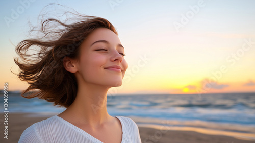 Fototapeta Naklejka Na Ścianę i Meble -  young woman breathing fresh air and feeling the wind in her hair on the beach at sunset