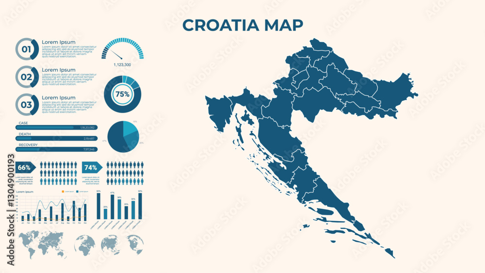 Naklejka premium Infographic Map of Croatia. Vector Map of a global map in the form of regions of Croatia. Vector Illustration