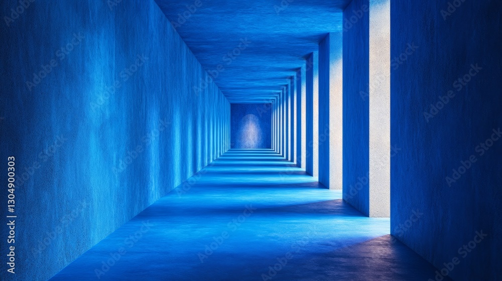 A neon path leading through a corridor of deep blue concrete walls A neon path leading through a corridor of deep blue concrete walls
