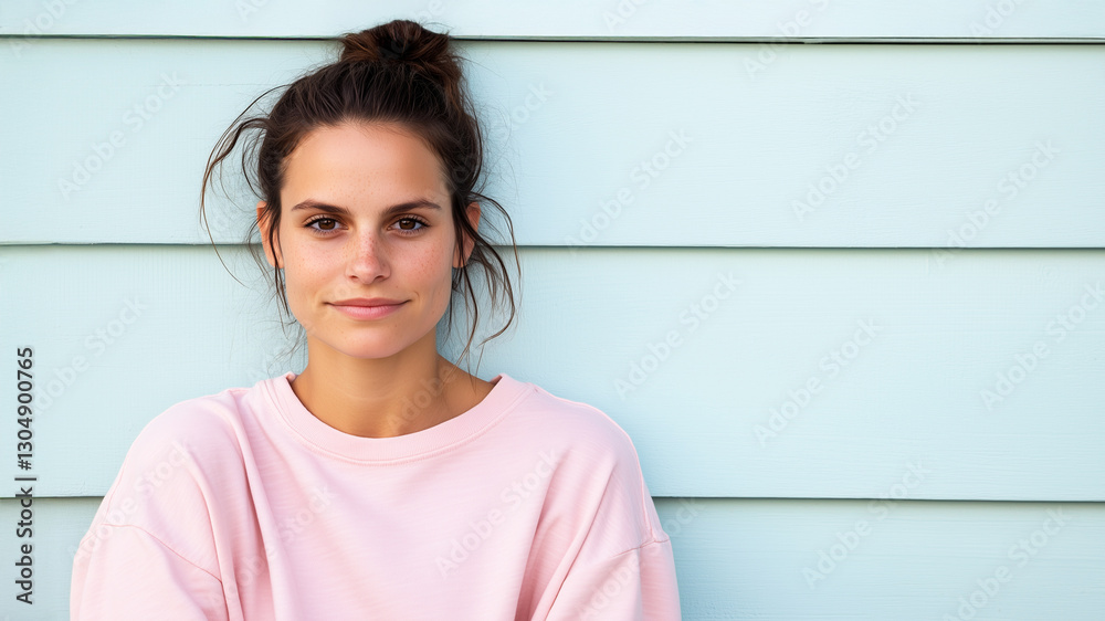 satisfied young woman leaning against light blue wall background with copy space satisfied young woman leaning against light blue wall background with copy space