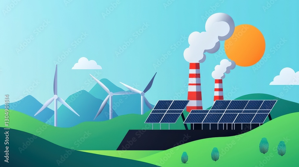 Naklejka premium Coal plant dissolving into a solar-powered greenhouse, symbolizing environmental progress.