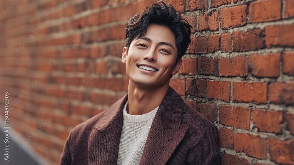 A smiling man poses against a brick wall, showcasing a stylish outfit and confident demeanor. A smiling man poses against a brick wall, showcasing a stylish outfit and confident demeanor.
