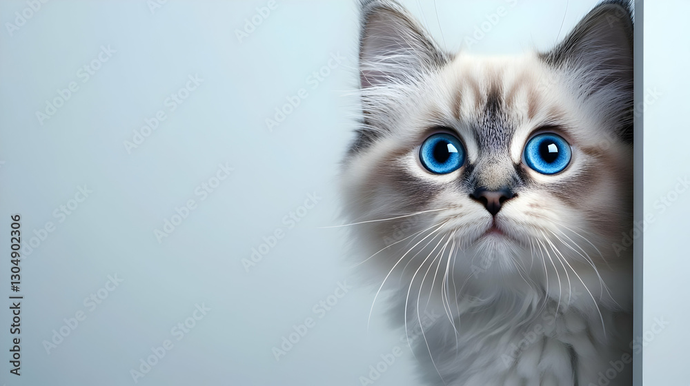 An adorable cat with striking blue eyes peeks around a corner, showcasing its fluffy fur and curious expression. An adorable cat with striking blue eyes peeks around a corner, showcasing its fluffy fur and curious expression.