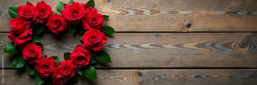 Obraz premium A rustic wooden background with a heart-shaped wreath made of red roses, roses, wooden