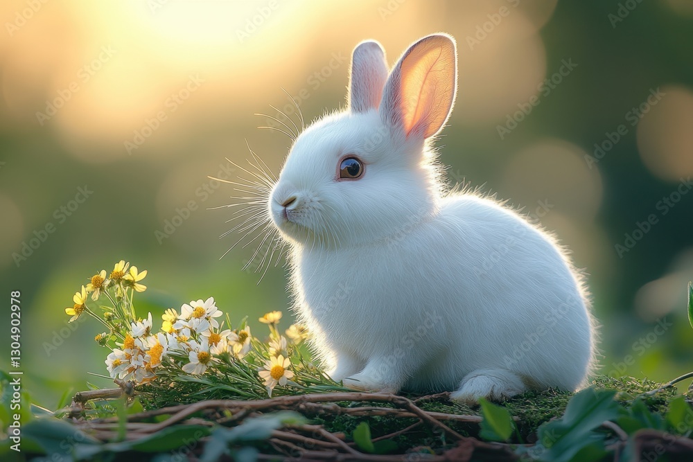 Fototapeta premium White Rabbit Amidst Bloom: A pure white bunny rests beside a vibrant bouquet of wildflowers, its fur radiant in the warm light of a soft, diffused sunset, painting a scene of serene natural beauty.
