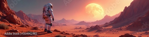 Astronaut in futuristic suit discovering alien terrain on distant planet, discovery, exploration