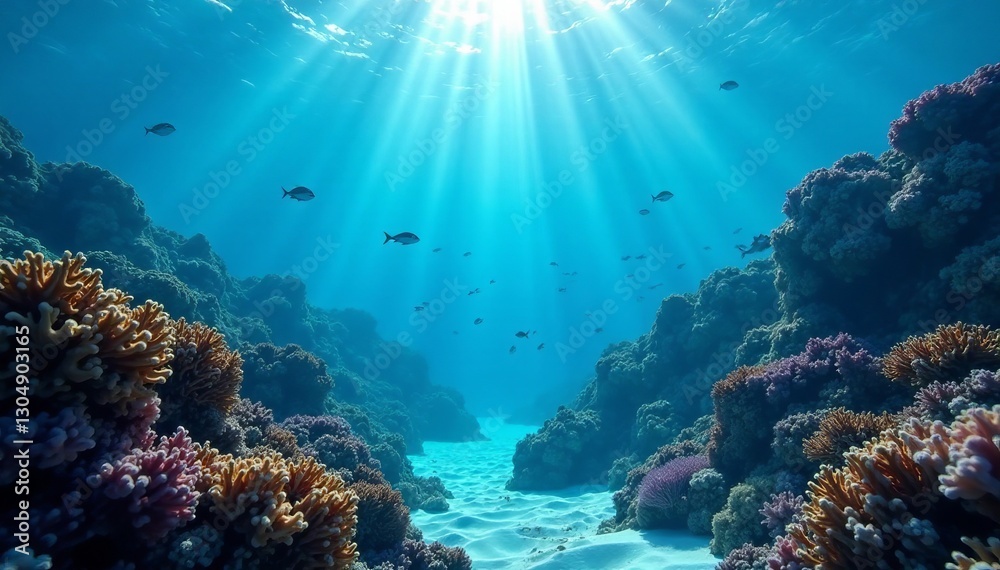 Fototapeta premium A tranquil ocean floor covered in blue hues with coral reefs and schools of fish swimming through, blue, ocean floor, background