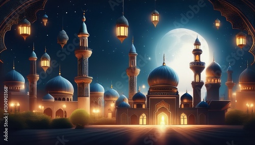 mystical moonlit mosque scene with illuminated arabic lanterns and towers ramadan