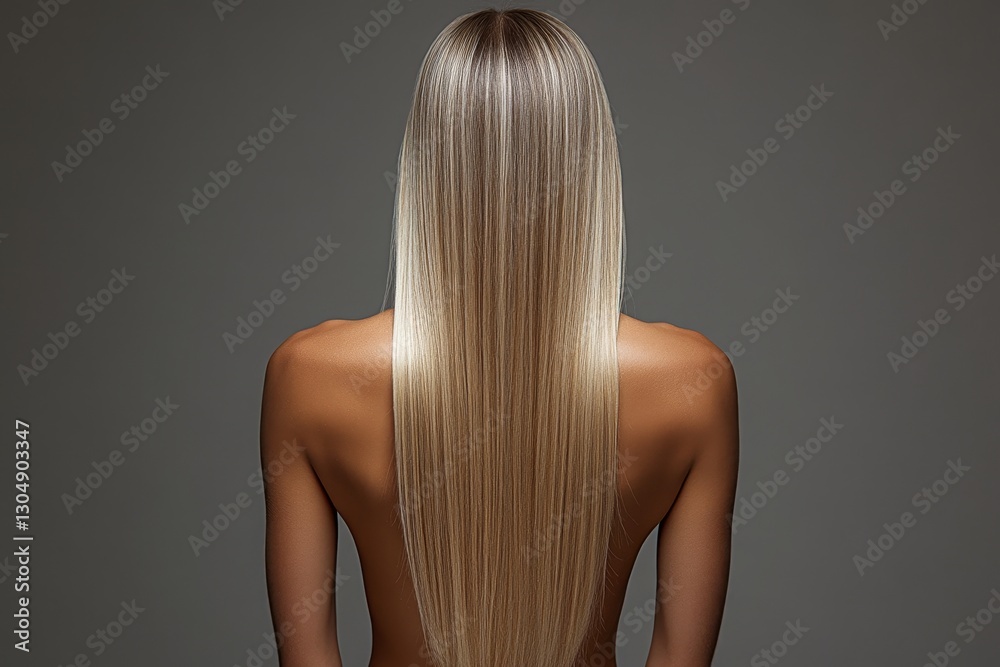 A captivating back view of a woman with long, straight blonde hair A captivating back view of a woman with long, straight blonde hair