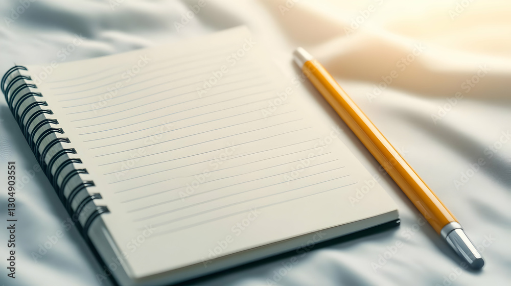 A blank notebook and a yellow pencil on a soft bed, ideal for writing notes or creative ideas in a cozy environment. A blank notebook and a yellow pencil on a soft bed, ideal for writing notes or creative ideas in a cozy environment.