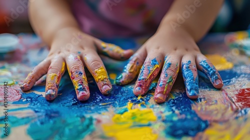 Fototapeta Naklejka Na Ścianę i Meble -  Close-up of child's hands covered in colorful paint during finger painting activity on a messy table  