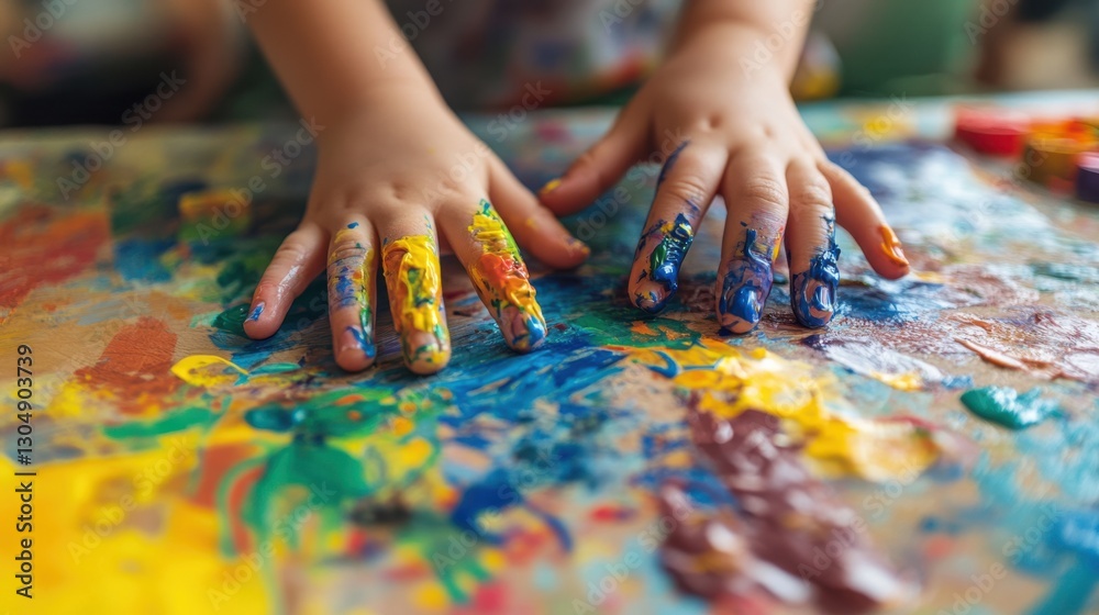 Child’s hands pressing into a colorful painted surface, engaging in an artistic and creative finger painting activity Child’s hands pressing into a colorful painted surface, engaging in an artistic and creative finger painting activity