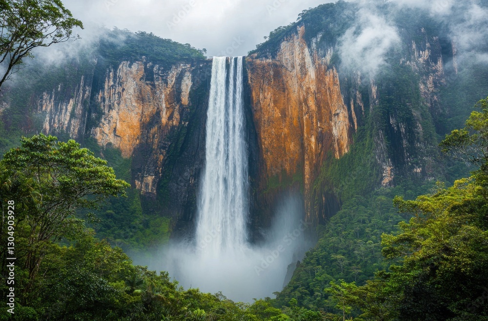 Fototapeta premium Majestic waterfall cascading down sheer cliffs surrounded by lush green forest and misty ambiance in a tranquil paradise setting