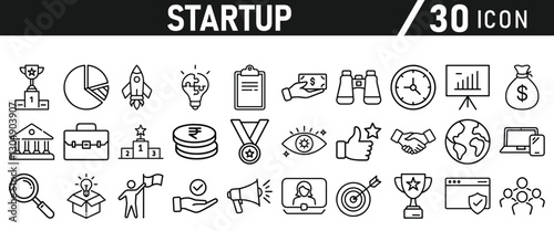 Startup icon set in liner style. Innovation, business plan, investment, launch, funding, investor and entrepreneurship icons. Solid icon collection.