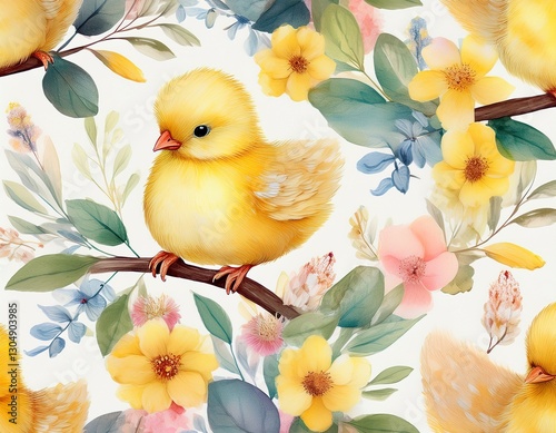cute watercolor seamless pattern featuring fluffy yellow chicks sitting on branches surrounded by delicate flowers and leaves in soft pastel tones