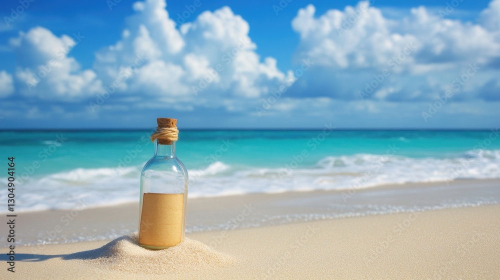 Message in a bottle resting on sandy beach with turquoise ocean and dramatic clouds under a bright sunny sky perfect for travel and adventure themes Message in a bottle resting on sandy beach with turquoise ocean and dramatic clouds under a bright sunny sky perfect for travel and adventure themes