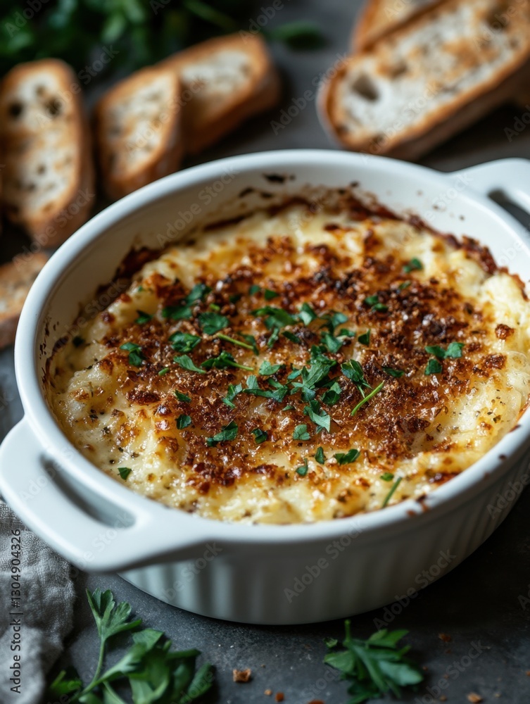 Creamy baked dip with toasted bread slices and fresh parsley garnish on a rustic table top capturing a warm and inviting atmosphere with a shallow depth of field Creamy baked dip with toasted bread slices and fresh parsley garnish on a rustic table top capturing a warm and inviting atmosphere with a shallow depth of field