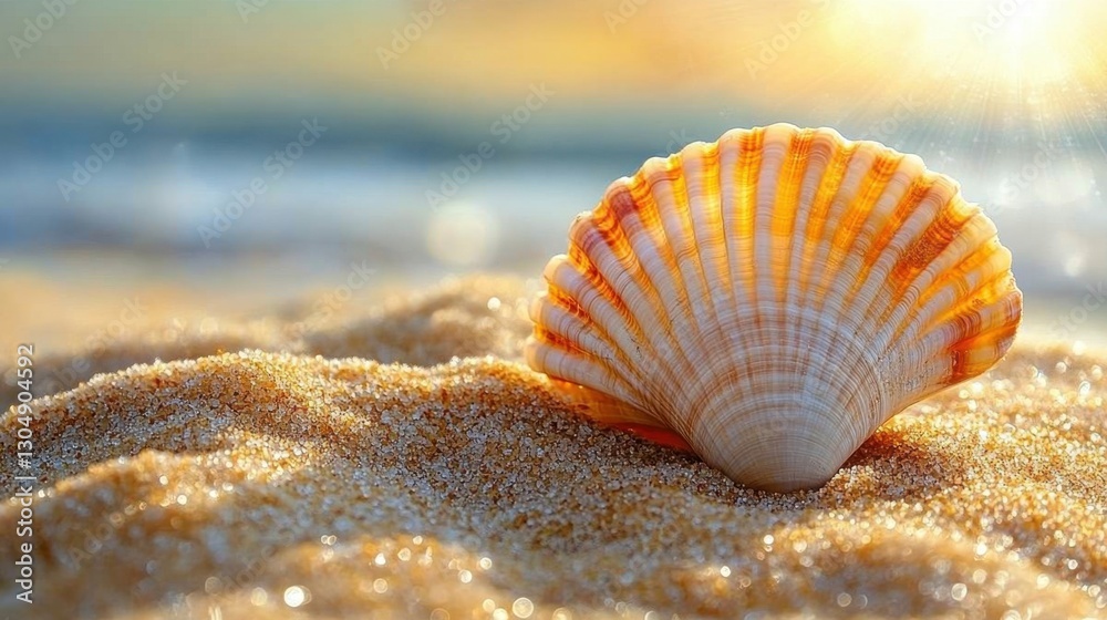 Seashell on the Shore: A stunning seashell glows with a warm, inviting radiance as the sun sets behind it, casting a beautiful, ethereal light on the wet, sandy shore. Seashell on the Shore: A stunning seashell glows with a warm, inviting radiance as the sun sets behind it, casting a beautiful, ethereal light on the wet, sandy shore.