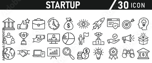 Startup icon set in liner style. Innovation, business plan, investment, launch, funding, investor and entrepreneurship icons. Solid icon collection.