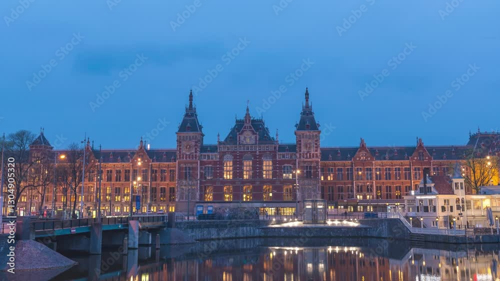 Amsterdam Netherlands time lapse, night city skyline at Central Station Amsterdam Netherlands time lapse, night city skyline at Central Station