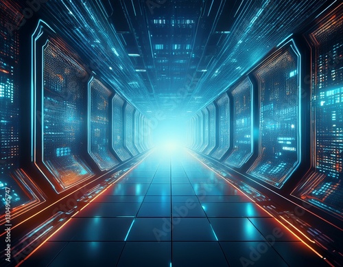 futuristic technology tunnel with computer code on the walls