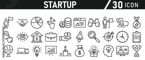 Startup icon set in liner style. Innovation, business plan, investment, launch, funding, investor and entrepreneurship icons. Solid icon collection.