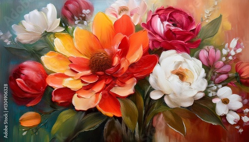 vibrant oil painting of a colorful floral bouquet with red yellow orange pink and white flowers against a textured abstract background in warm and cool tones