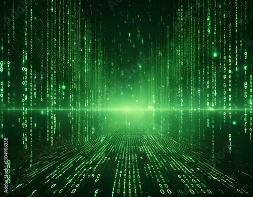 matrix style binary code background in green digital datum with random falling numbers and information zeroes