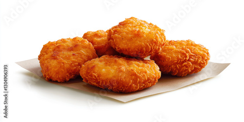 Crispy chicken nuggets on paper sheet, golden and appetizing
