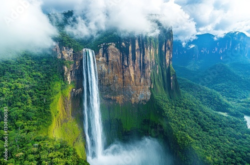 Majestic waterfall cascading from towering cliffs surrounded by lush green rainforest under a cloudy sky, showcasing the beauty of nature in remote landscapes
